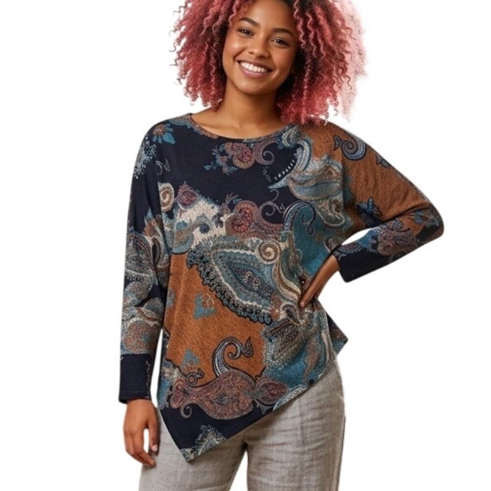 Clara Sun Woo Paisley Asymmetrical Tunic Womens Size Large Lagenlook Artsy Top